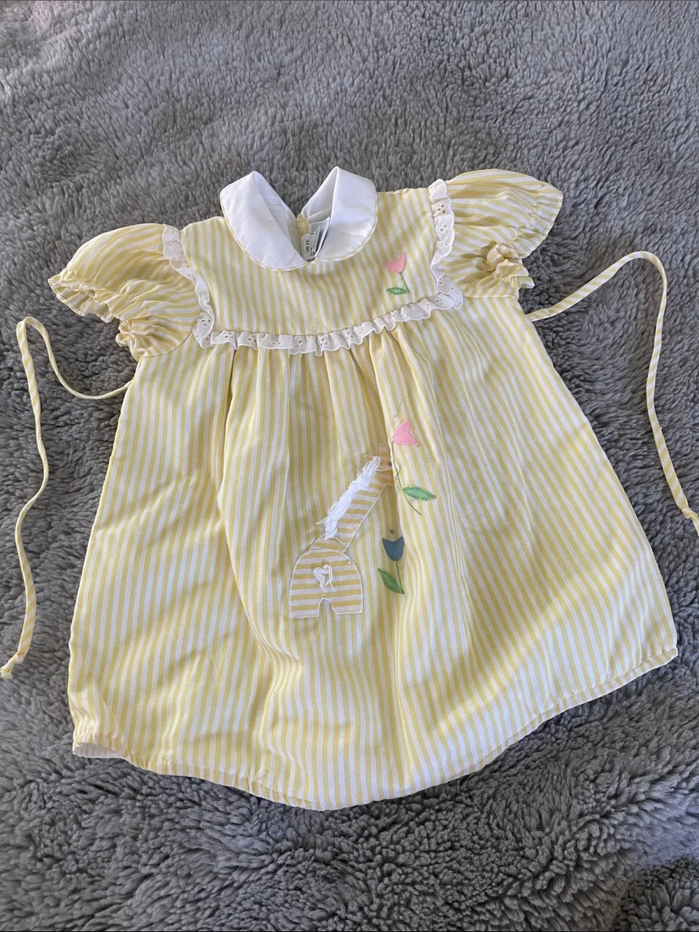 Vintage Yellow Striped Baby Romper with Floral Giraffe Appliqué